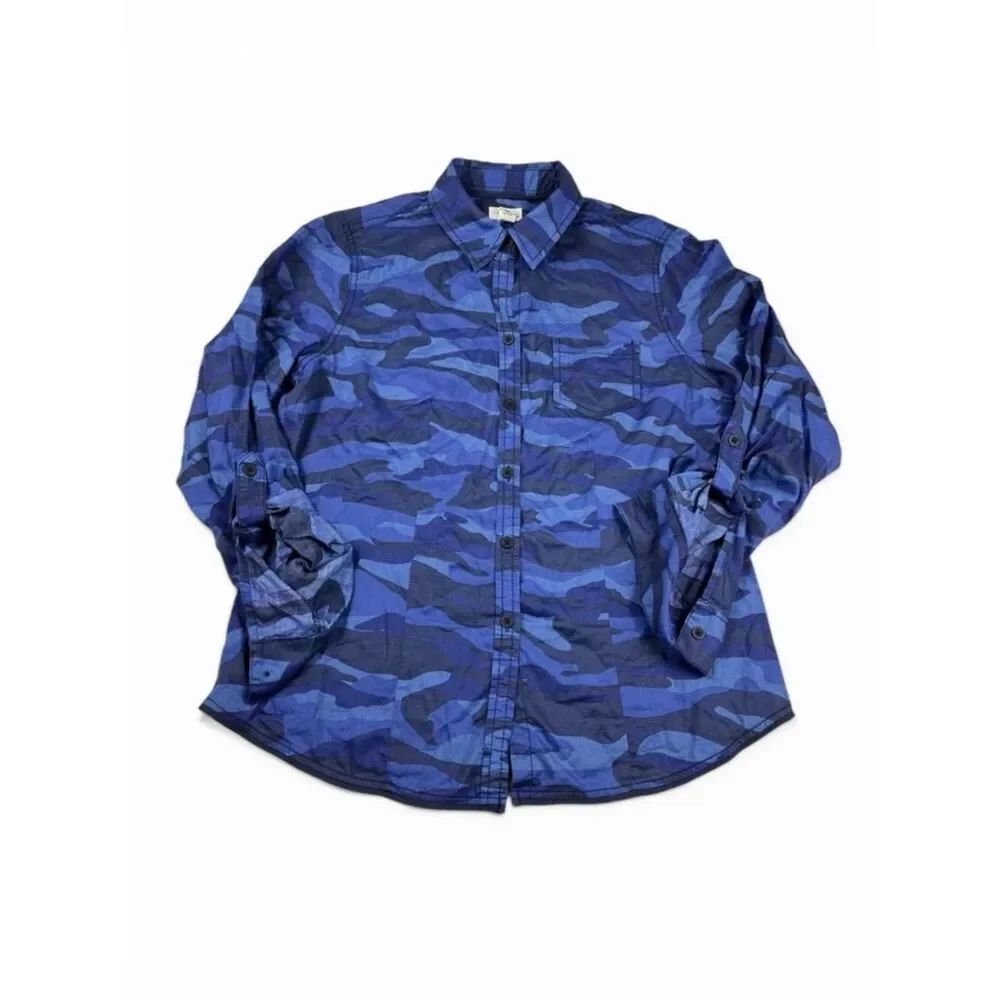 Foxcroft Bold Blue Camouflage Button Shirt Long Sleeve Utility Rugged Top 10P
